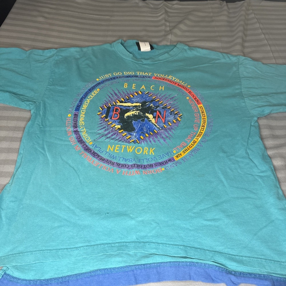 VTG  90s Surf Odyssey  T-Shirt LARGE Aqua Beach Network Volleyball USA HTF Read